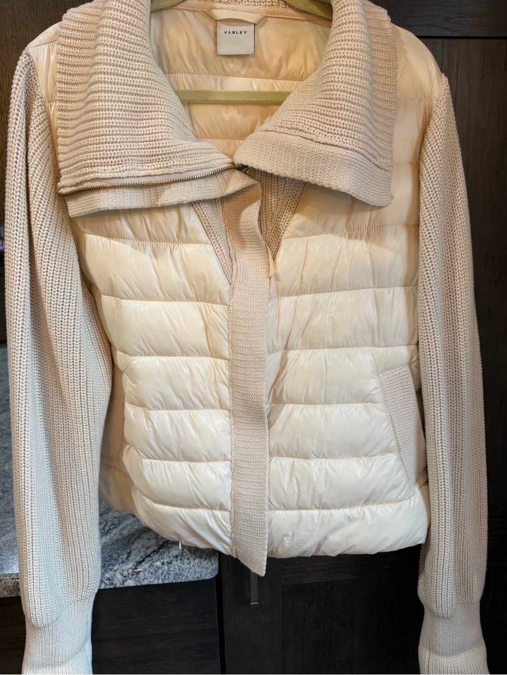 Varley Quilted Puffer Cardigan in Cream and Beige